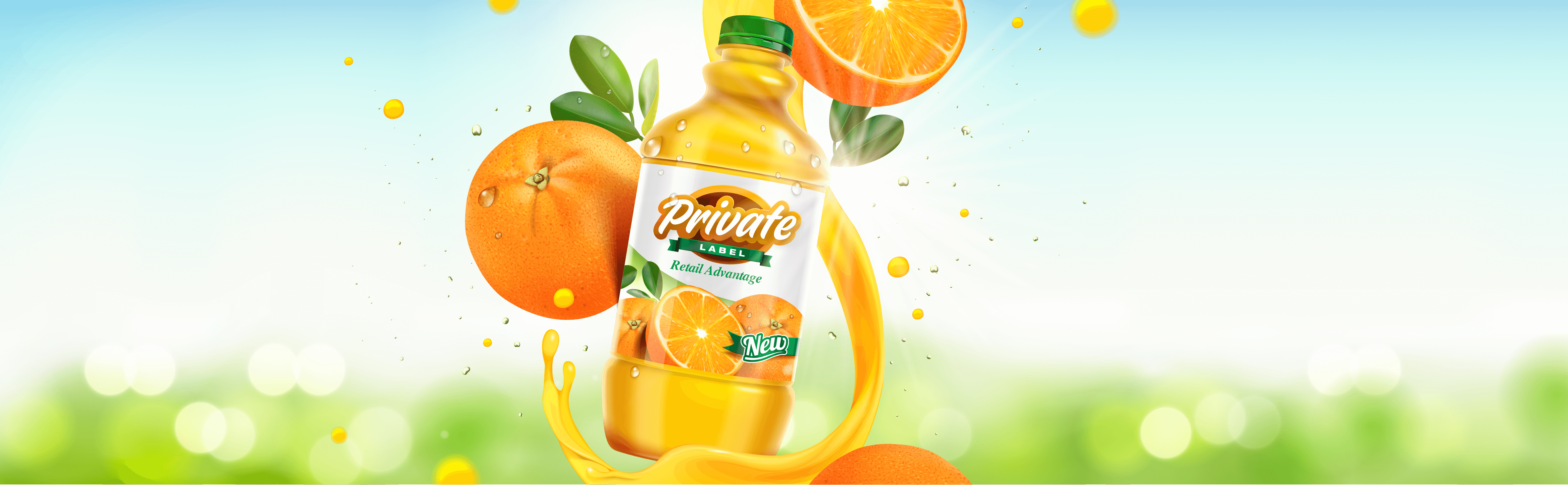 A bottle of juice with oranges around it shooting up into the air