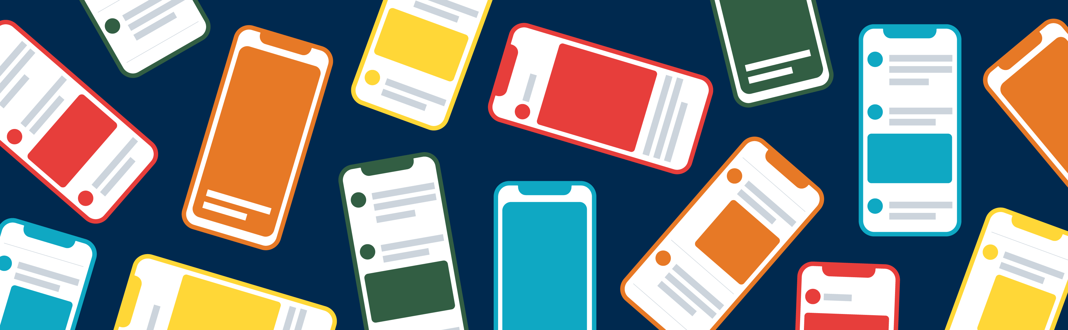 Several phones showing different social platforms being used