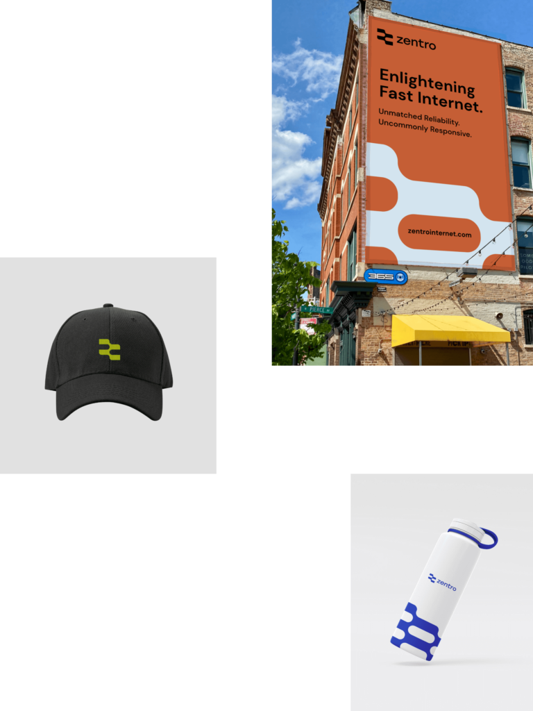 Zentro brand identity designs including billboard, clothing, and accessories