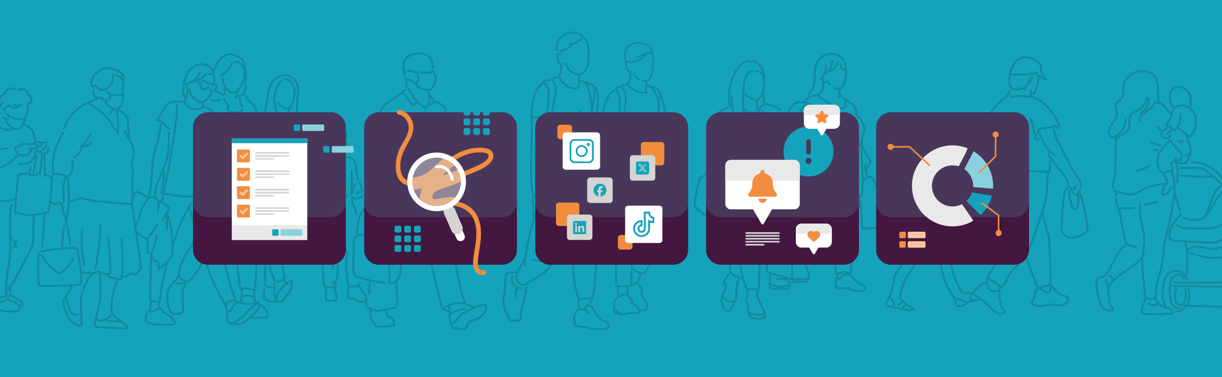 Graphic illustration of five scenes that represent strengthening your lead generation program over a background of an audience